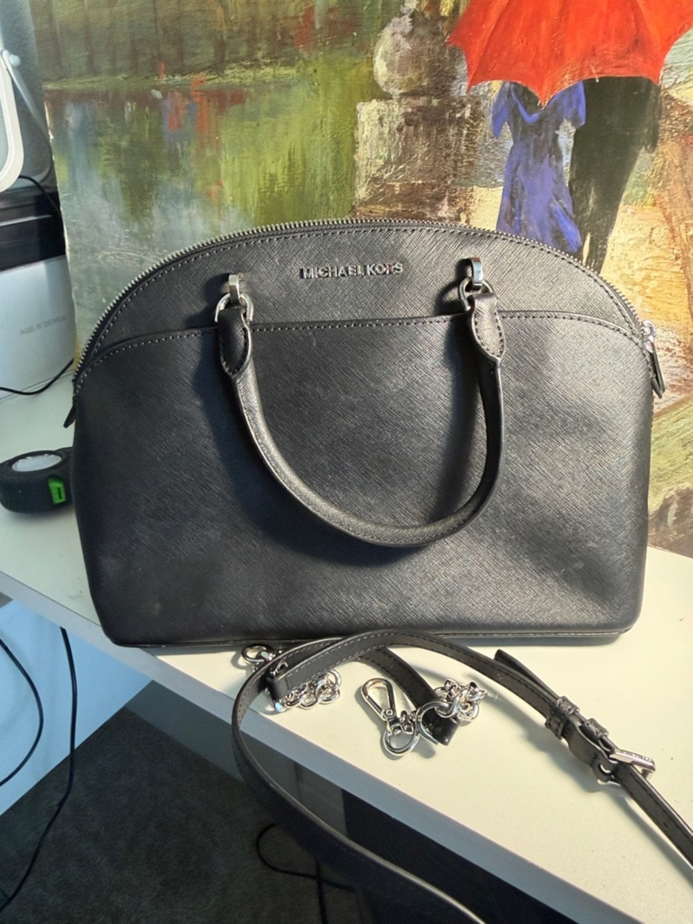 Michael Kors Black Saffiano Dome Satchel with Chain Strap